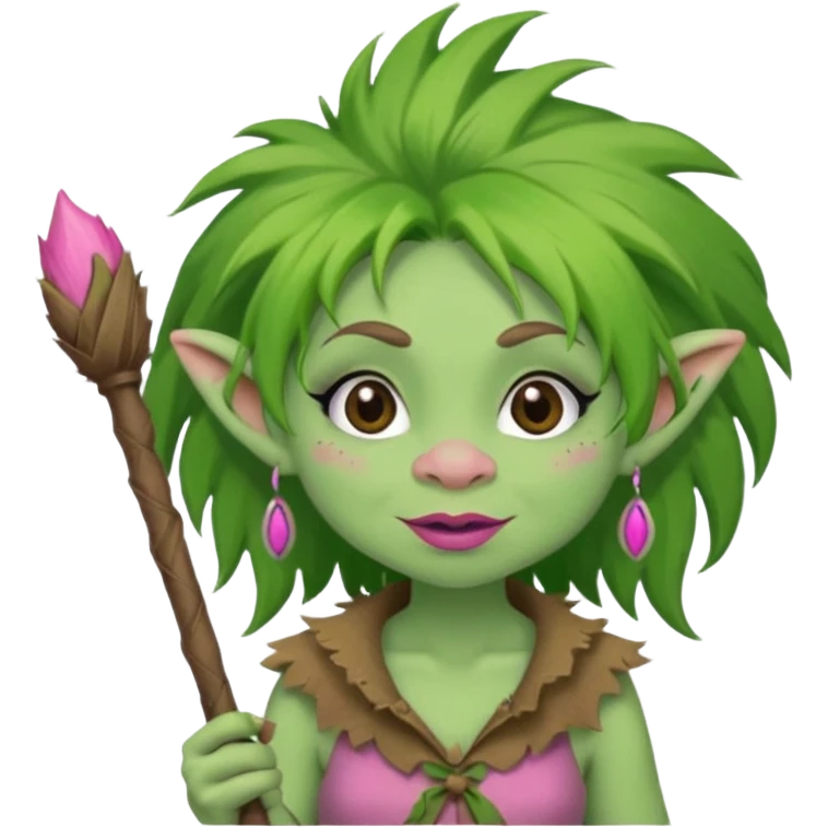 A green troll with green hair and brown and tan raggedy clothes on holding a brown stick with pink lipstick, long eyelashes and pink nails emoji