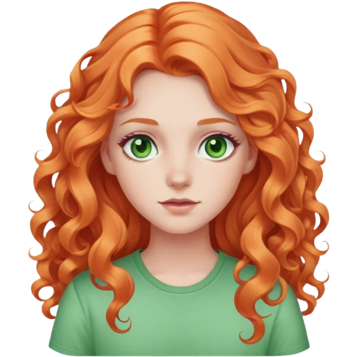 white pale girl with long curly orange hair, green eyes, pink shirt emoji