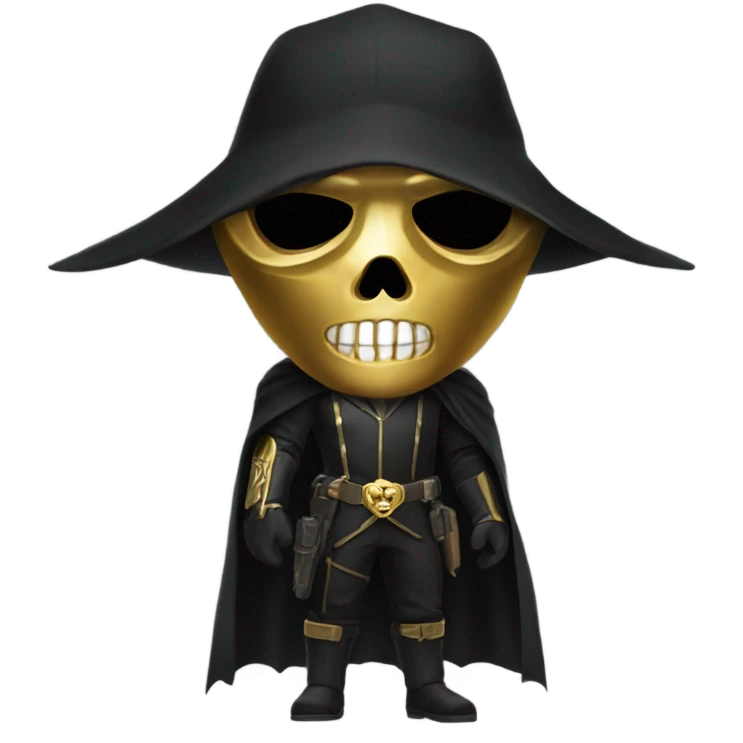 Bounty Hunter Boss with black cape and a gold skull mask from death Stranding, full body view emoji