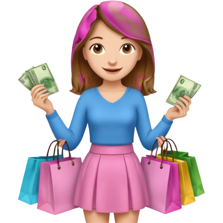 Девушка со светлыми русыми волосами счастливая в розовой юбке с пакетами из магазинов с одеждой в руках и деньгами  emoji