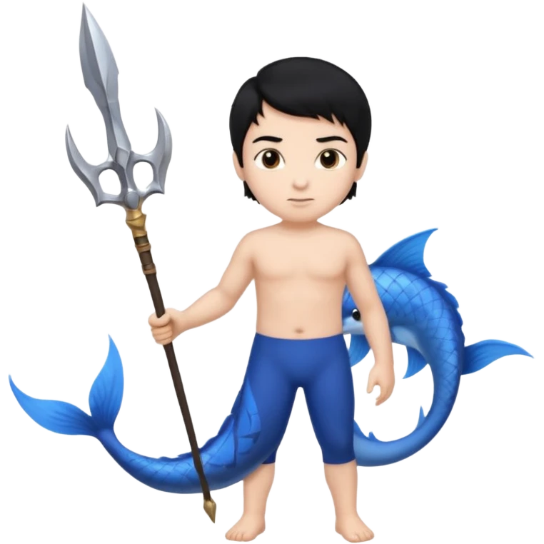 boy, black hair, brown eyes, white skin, Triton, with Triton in hand and blue Triton tail  emoji