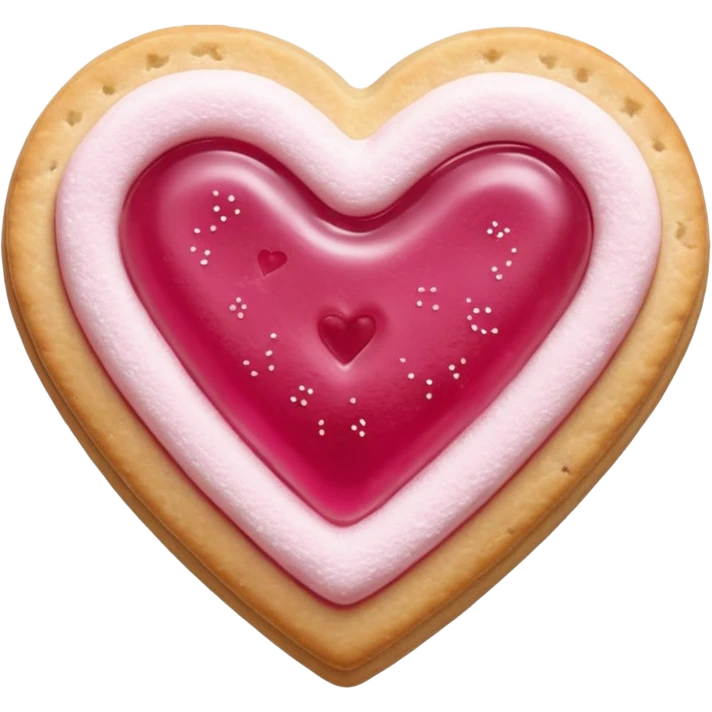 Realistic shortbread cookie in the shape of a heart with pink jelly middle filling and sprinkled powder sugar on top. emoji