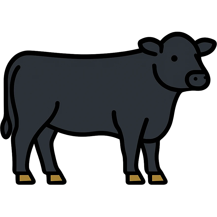 Aberdeen Angus cow, realistic black coat, standing, simple background, icon style emoji