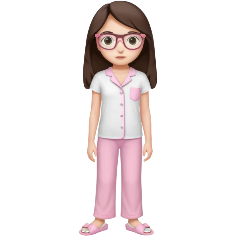 Girl age 20 years old with dark brown long hair, light skin, brown eyes, wearing a miu miu glasses the brown ones, and wearing a top in white with a pair of pyjama pants in pink and it's mocked in light pink too and a slipper in white and she looks pretty  emoji