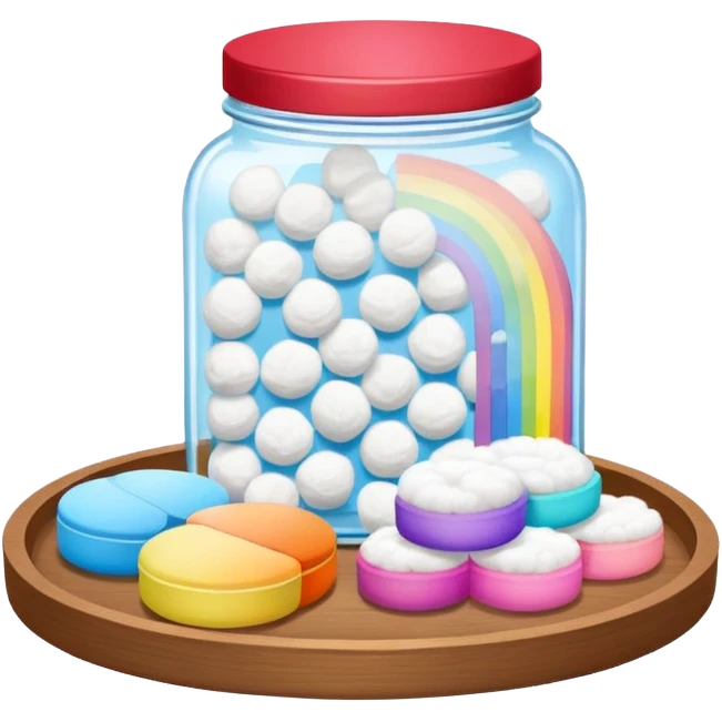 wooden tray with a jar of cotton balls, a jar of cotton swabs, a jar of cotton pads with wooden lids, with a rainbow outline emoji