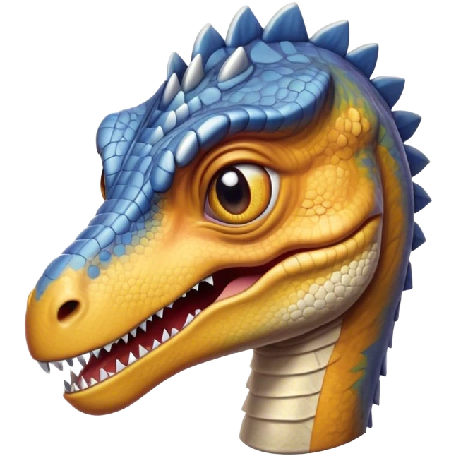 Cinematic Realistic Cute velociraptor/T-rex Portrait Emoji, Head tilted playfully and inquisitively, featuring a compact, slightly rounded build with intricately detailed, textured scales in natural hues and a surprisingly endearing face with bright, curious eyes, rendered with lifelike clarity and warm natural light, high shine, affectionate and quirky, styled with a touch of prehistoric whimsy, soft glowing outline, capturing the essence of a mischievous yet lovable velociraptor/T-rex that seems poised to stomp playfully into your arms! emoji