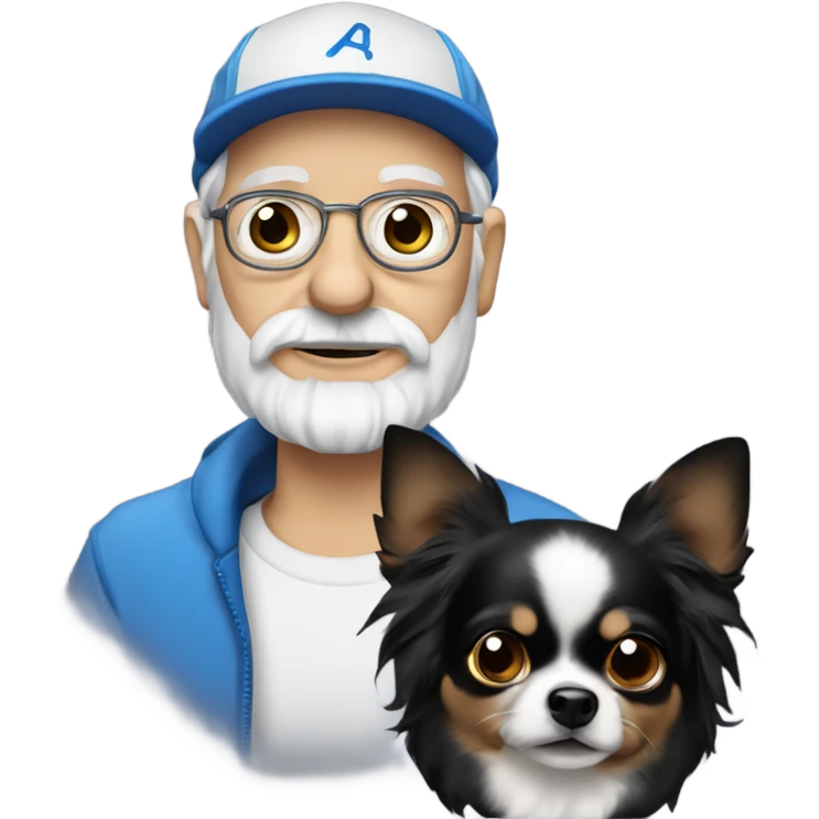 Old man with ‘blue eyes’ goatee beard ball cap holding black long haired chihuahua emoji