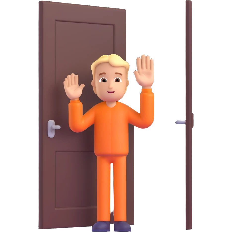 character standing in front of a door, hand up to stop, symbolizing gatekeeping emoji