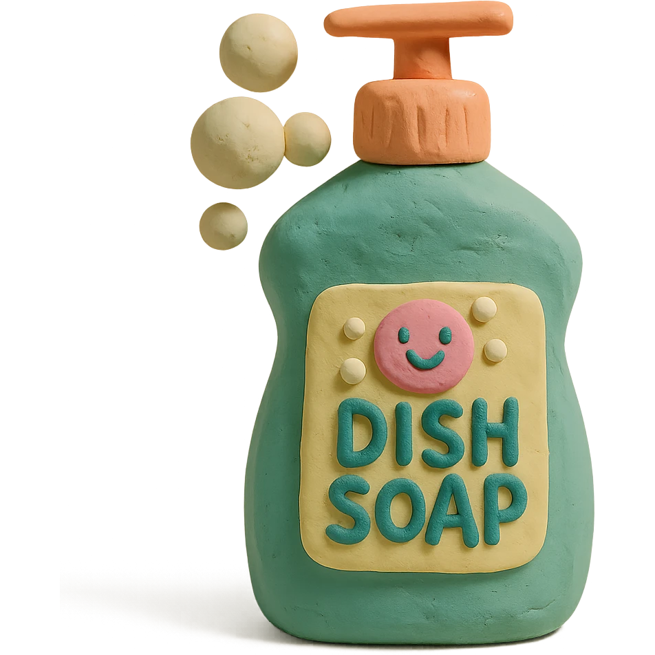 dish soap bottle in claymation style with bubbles and a playful label, pastel palette emoji