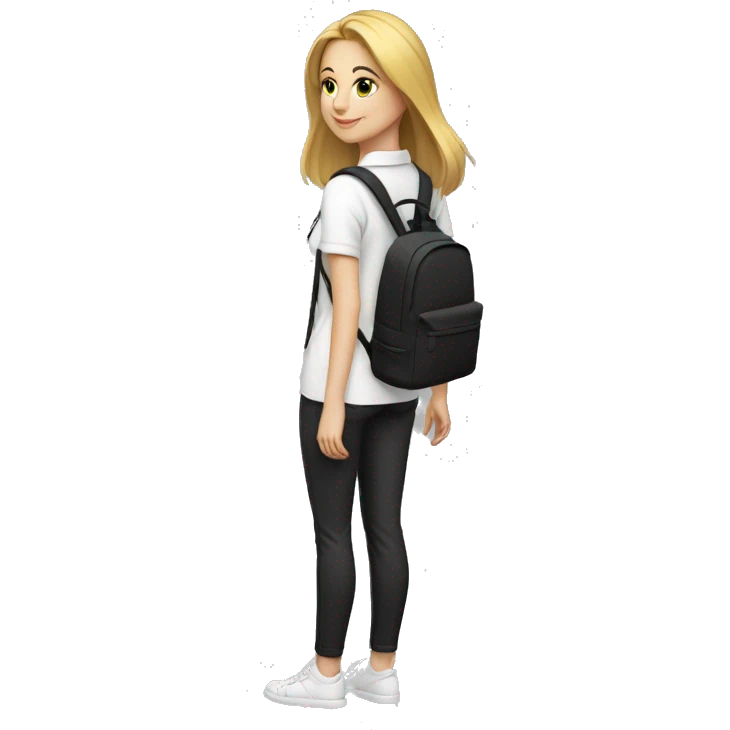 woman white skin mid length straight hairstyle with back pack white shirt black pants full body emoji