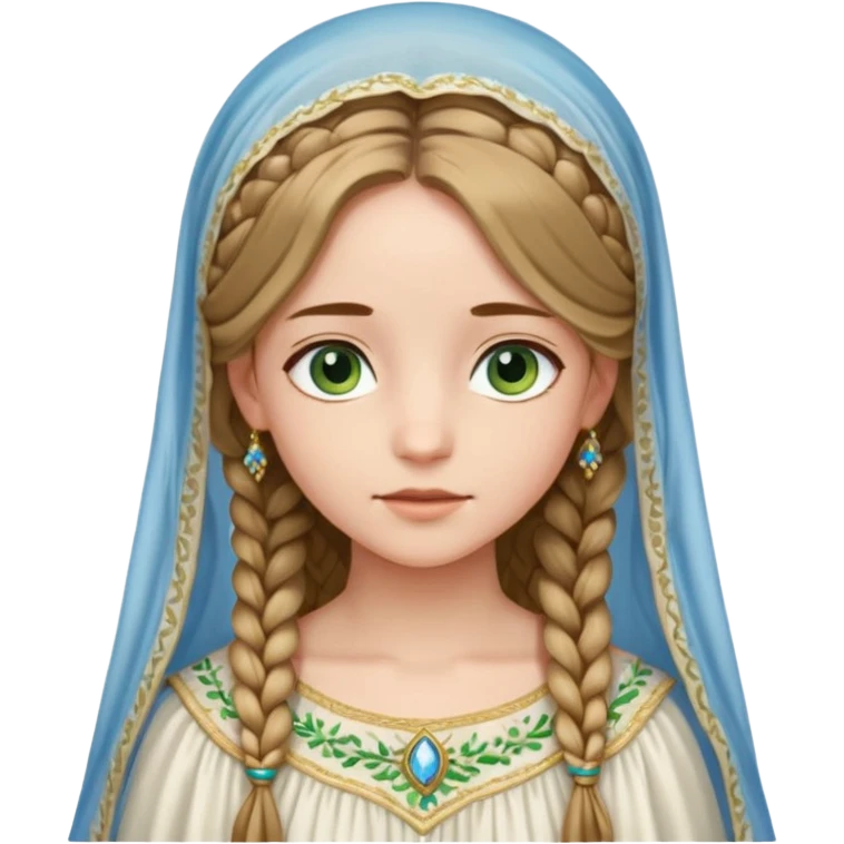 Joven de unos 20 años, de aspecto dulce y elegante.
Piel clara, ojos expresivos (pueden ser azules o verdes)
Rubio o castaño claro, largo, con trenzas o velo.
Vestido largo de tonos suaves (blanco, azul o lavanda), con bordados dorados; un manto o toca fina cubriendo la cabeza. emoji