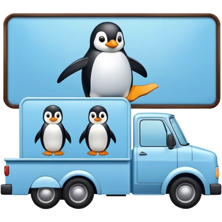 Camion bleu clair avec Pingouin sur affiche publicaitaire emoji
