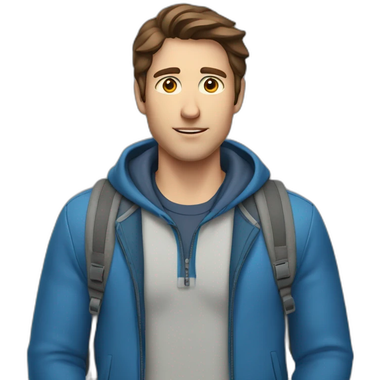 a guy with brown hair and gray eyes in a blue jacket with a backpack on his back emoji