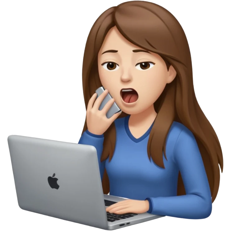 brown hair woman with long straighrt hair holding laptop and yawning from tiredness. looking tired emoji