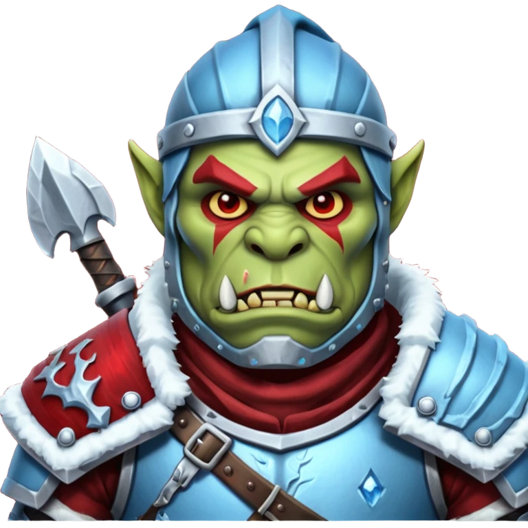 
Fantasy Christmas orc legion soldier icon, iron tundra army theme, heavy winter armor, disciplined brutal look, icy blue steel armor with deep crimson accents, frozen metal texture, cold winter atmosphere, male variant emoji