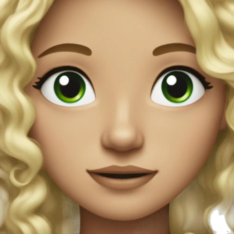Blonde girl with dark green eyes and curly wavy long hair and a black jumper emoji