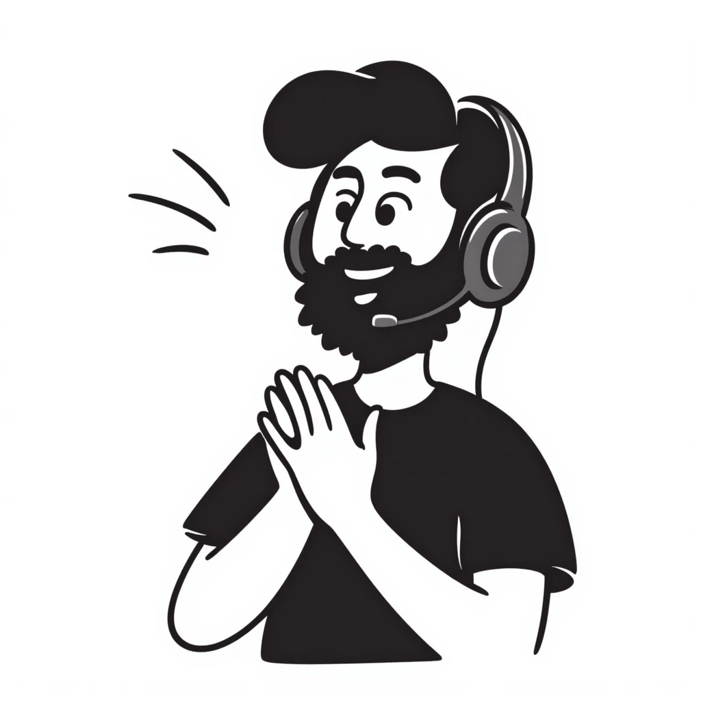 Man with black hair, brown eyes, and black beard wearing gaming headset clapping hands in celebration emoji