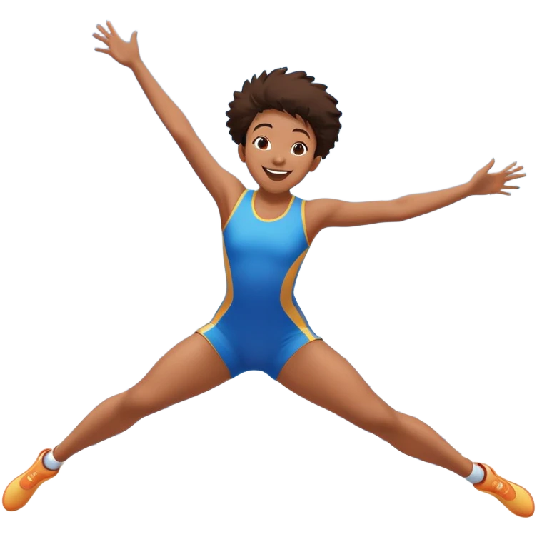 A joyful person mid-air, bouncing high on a trampoline with dynamic motion lines. Their body is stretched in an acrobatic pose, arms wide, legs bent. The scene is full of energy, with a bright blue sky and a fun, playful atmosphere representing excitement and agility. emoji