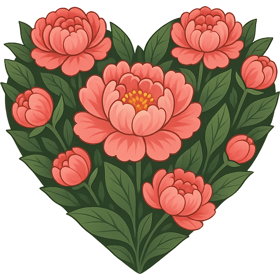 heart with a vibrant peony garden, clean digital illustration, remove background emoji