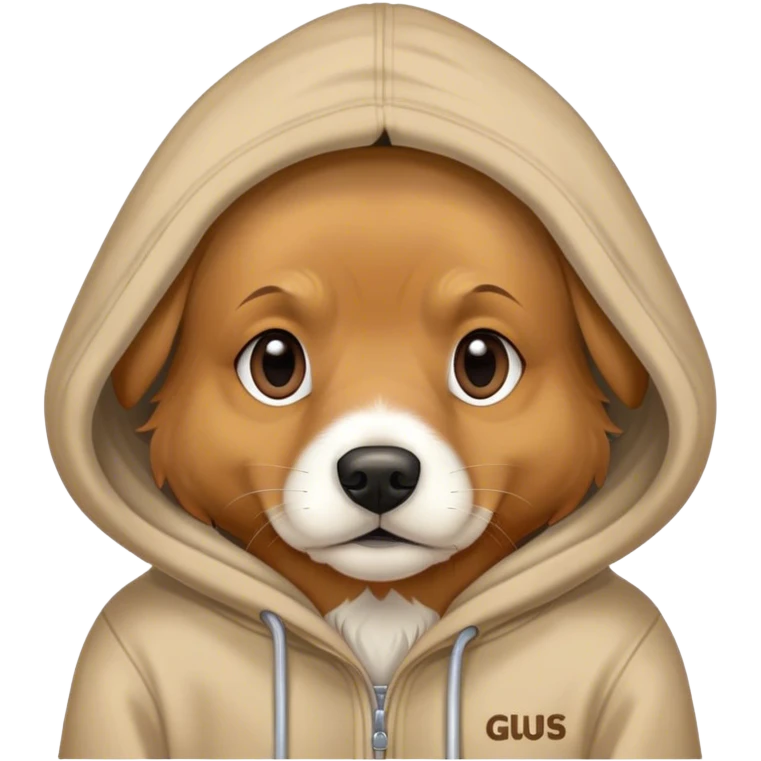 Dog wearing hoodie with Gus on hoodie emoji