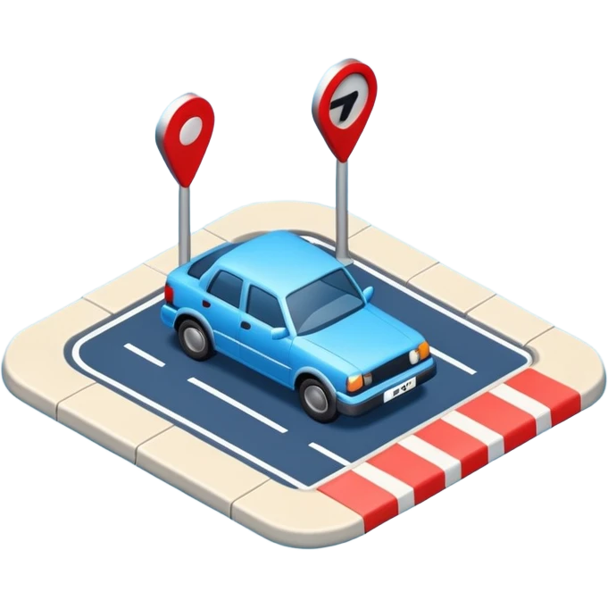 
A 3D minimal icon showing a street route to a destination with a single vehicle, a blue road, and small red accents for alerts. The style is clean, minimal 3D, with a transparent background. emoji