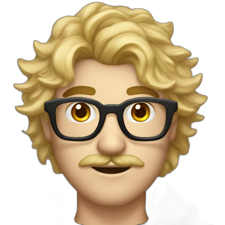A man with blond messy hair and a mustache, wearing a black squared shaped eye glasses, a black witch hat and black  robe emoji