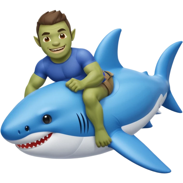 An orc man on an inflatable circle in the form of a shark emoji