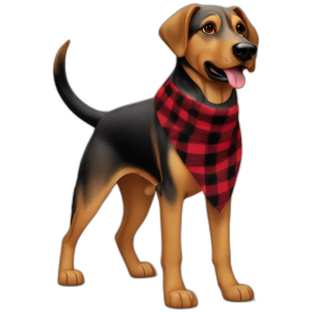 adult 75% Coonhound 25% German Shepherd mix dog with visible tail wearing small pointed red buffalo plaid bandana full body walking left quickly emoji