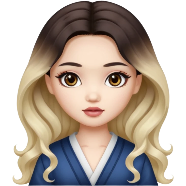 pale skin, girly bratz ASIAN vietnam baddie, dark brown eyes, pretty makeup, long dark to light ombré colored hair, wavy hair emoji