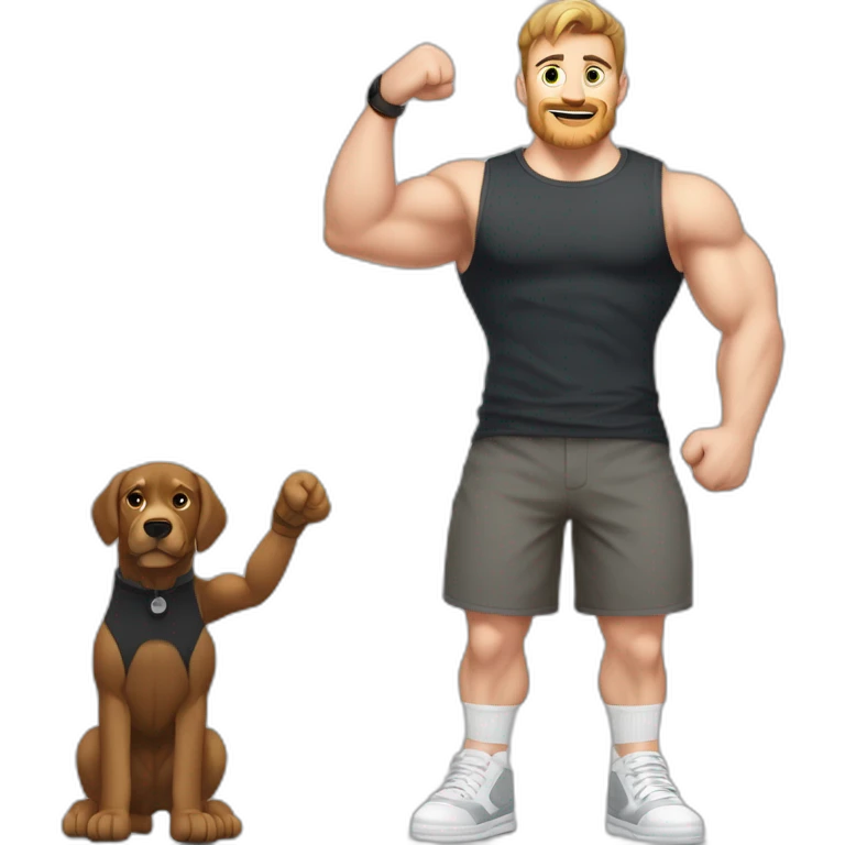 Full height Actively gesturing with hands Pale skinned Fit Man With the biceps and brown hair in dark gray Sleeveless Mike, black oversize sports shorts, watch and white Sneakers emoji