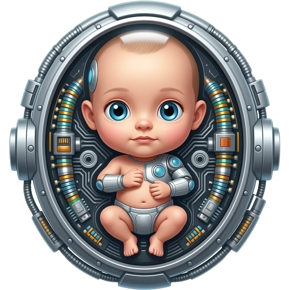 This image is a piece of digital art depicting a futuristic fetus or cyborg infant encased in technology.  The subject appears to be integrated with electronic circuitry, resembling a human-machine hybrid. emoji