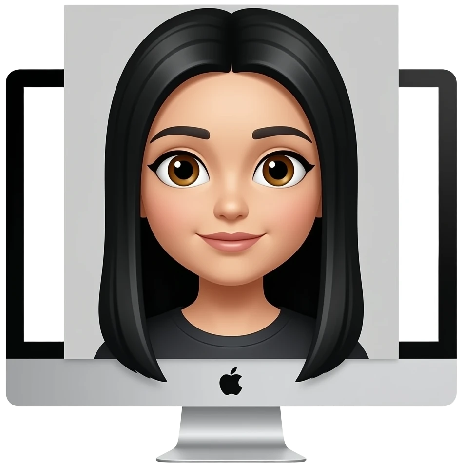Chica emoji cejas gruesas pelo largo largo y negro liso, ojos cafés frente a una computadora apple emoji