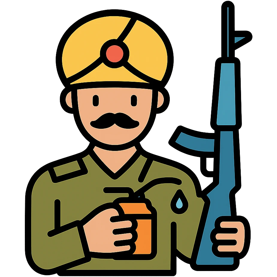 Indian soldier greasing a gun, color icon with black outlines emoji