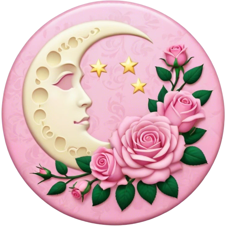 A round pink button with a light cream full damask moon and pink roses in the center emoji