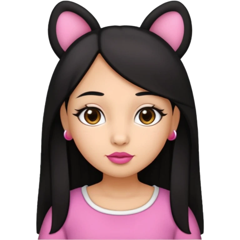 Gordita, ojos pequeños de color cafe oscuro, labios pequeños y rosados, piel trigueña, orejas pequeñas, cabello largo lazio y negro, pequeña. cuerpo completo. emoji