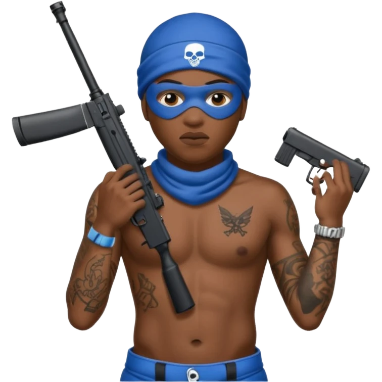Ebony Crip gang member with no shirt an ski mask with tattoos all over holding AR 15 emoji