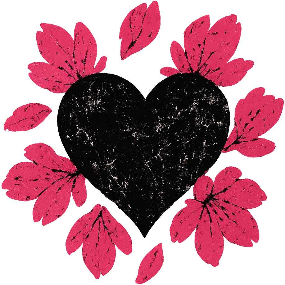 goth sakura heart, grunge texture, distressed black heart, pink sakura petals, raw and bold emoji
