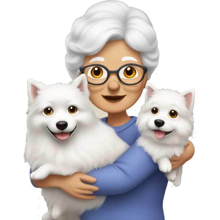 grandma with dark blonde hair hugs a white spitz dog. the grandma hair is dark blonde color emoji
