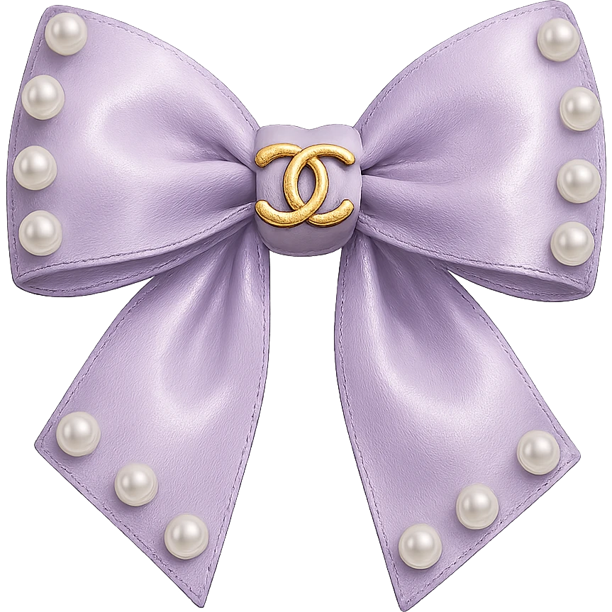 Remove the background, keep only the elegant bow with pearls and gold Chanel logo, glossy, pastel colors, realistic style, with no background. purple emoji