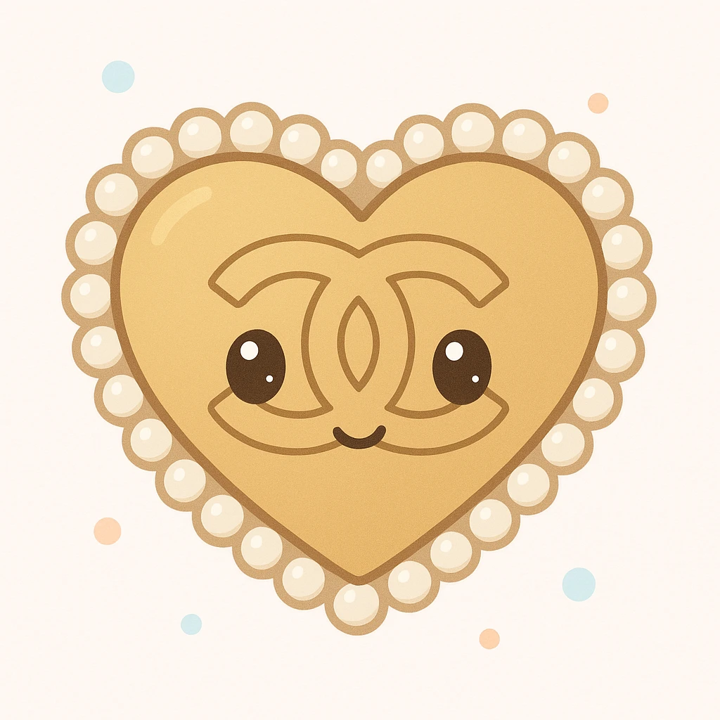 Chanel heart with interlocking C's, metallic gold, pearl border, elegant, kawaii style emoji