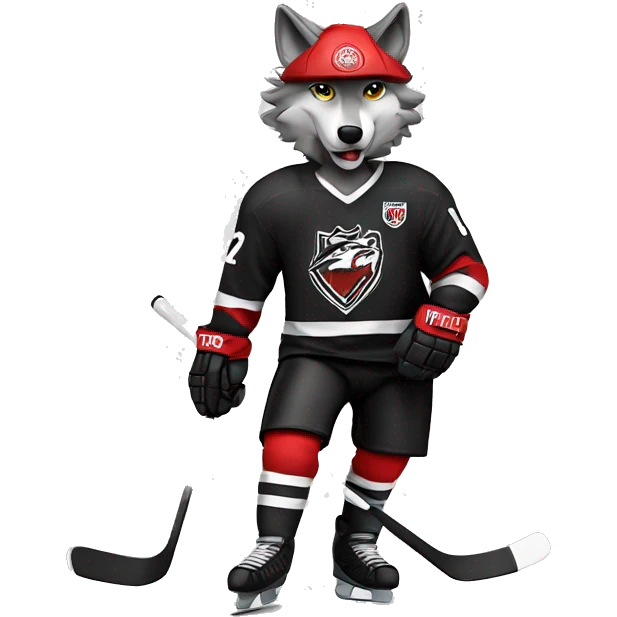 A wolf plays hockey in a black and white red uniform with a wolf emblem on his chest emoji