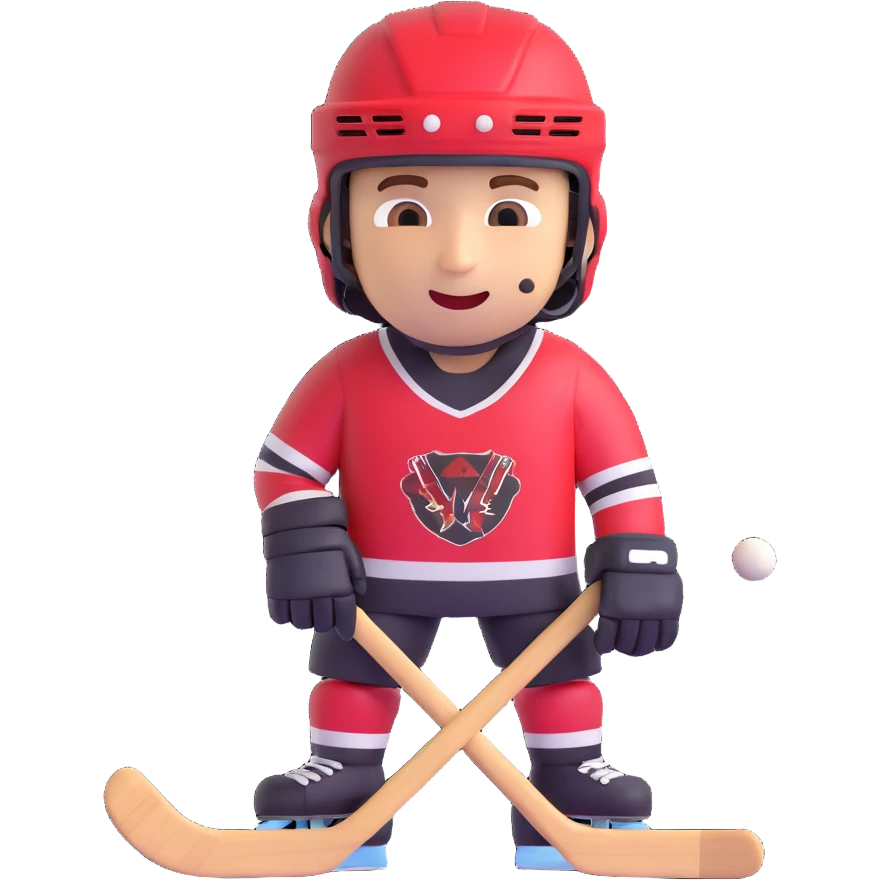 hockey player emoji, missing teeth, wearing an undone helmet, holding a broken hockey stick emoji