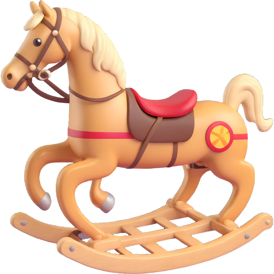 rocking horse, 3D, vintage, light wood, hand-carved details, no text emoji