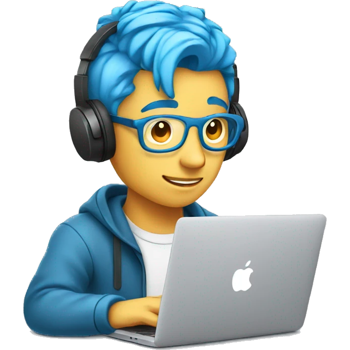 male programer coding in a macBook with headphones and blue hair  emoji