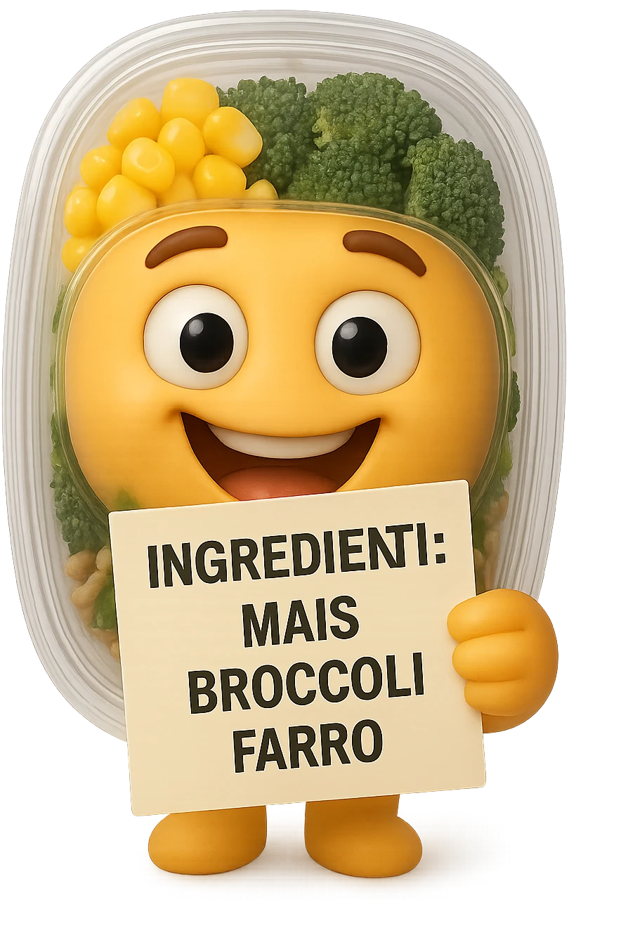 SU QUESTO STILE FAI UN EMOJI STILE IPHONE 3D DI UN INSALATA PRECONFEZIONATA DA SUPERMERCATO CON FOCUS SU ETICHETTA NUTRIZIONALE CON GLI INGREDIENTI IN ITALIANO TIPO: MAIS, BROCCOLI, FARRO, ACCANTO ALL'INSALATA CHE HA IN MANO C'è UN FOCUS SULL'ETICHETTA CON GLI INGREDIENTI SCRITTI, FALLO MOLTO REALISTICO IN 3D emoji