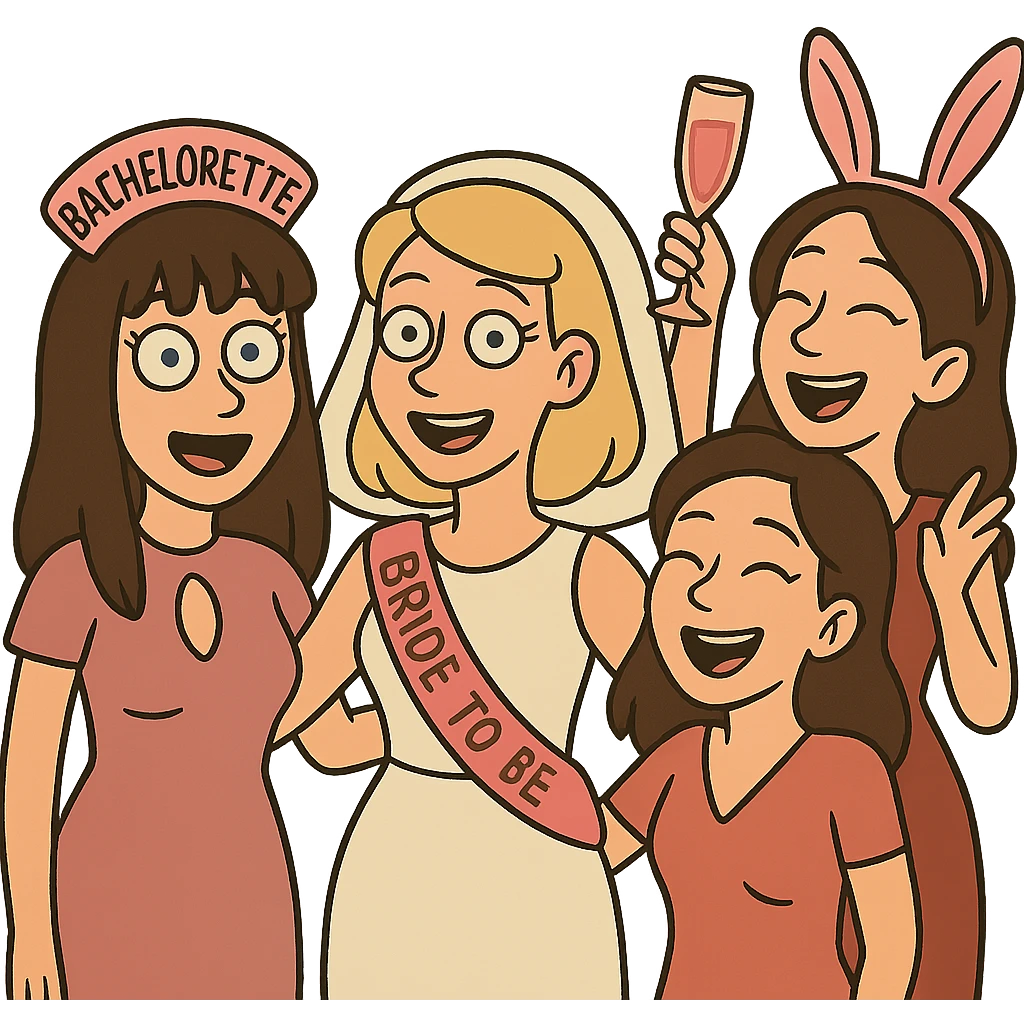 bachelorette party group of 4 girls, one with brown hair, blue eyes, fringe; two with brown hair; one bride with green eyes, blonde shoulder-length hair emoji