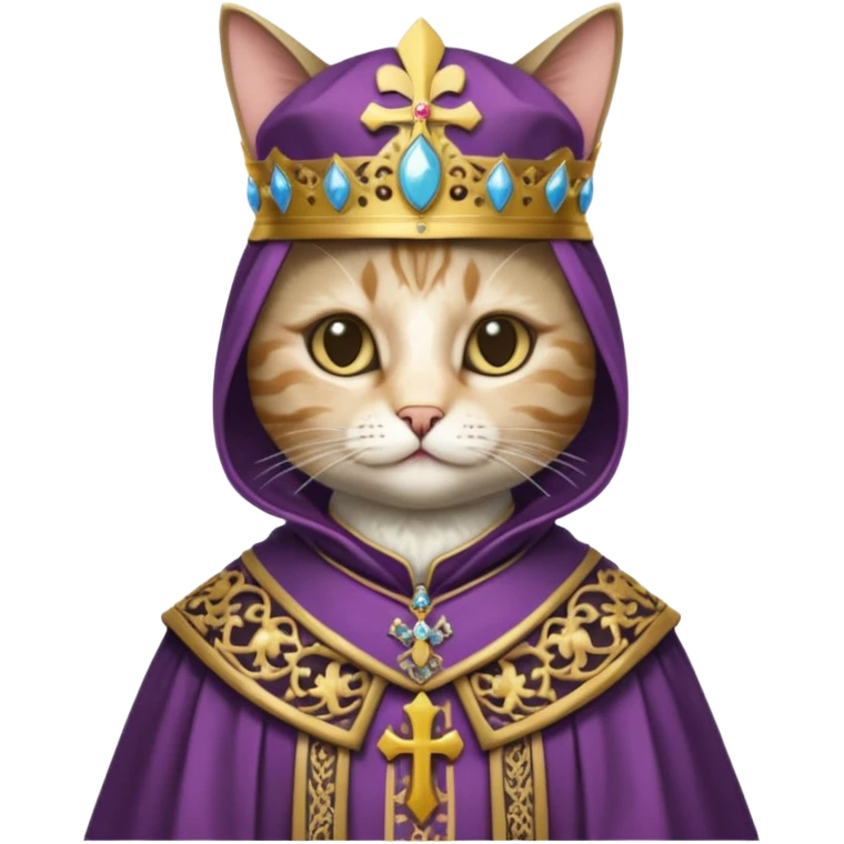 “Half-body humanoid figure with a realistic cat face, wearing ornate bishop robes and a mitre, dark gothic background, dramatic lighting, highly detailed.” emoji