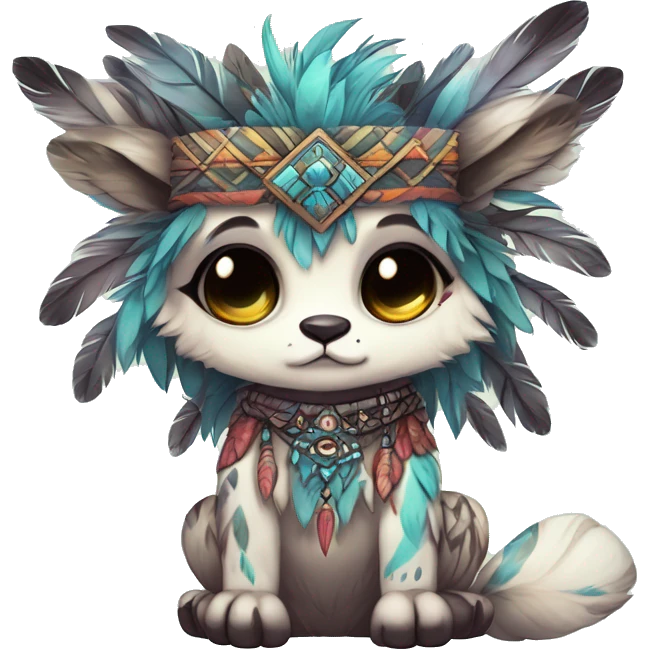 cute Kawaii edgy ethereal shy epic tribal fantasy animal fursona Fionbri creature by griffsnuff & LiLaiRa & Falvie with exotic colors with intricate patterns and feathers and headdress and necklace full body emoji