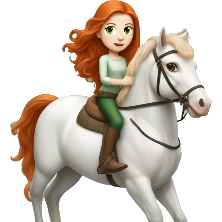Redhead (ginger) girl, long blowout hair, green eyes and pale skin riding a white horse emoji
