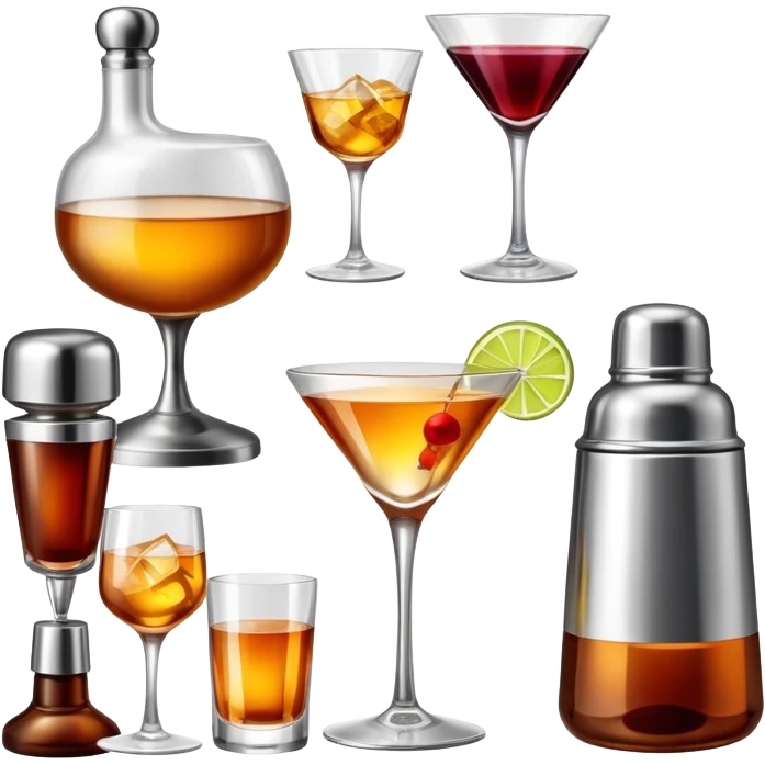 bar items set including cocktail shaker, wine glasses, whiskey bottle emoji